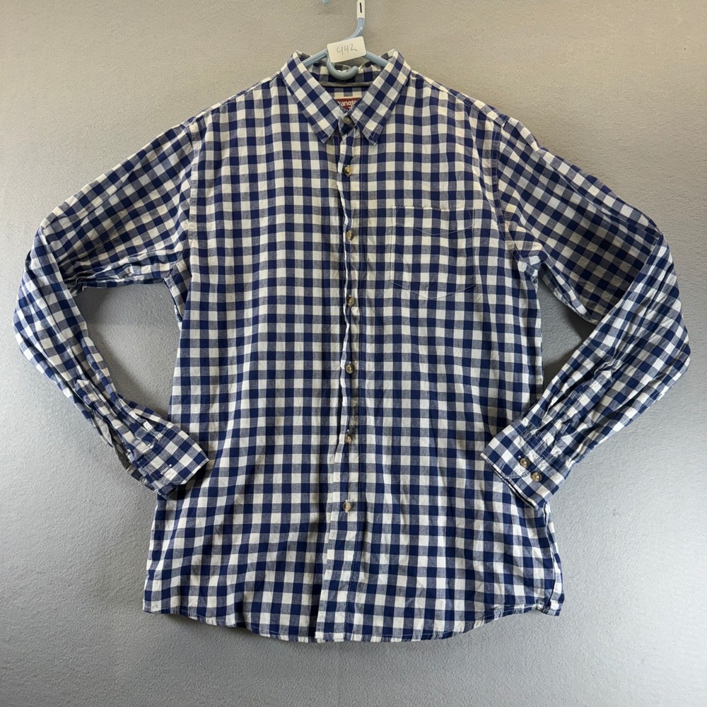 Wrangler‎ Jeans Co Mens Medium Blue White Gingham Check Cotton Button Down Shirt